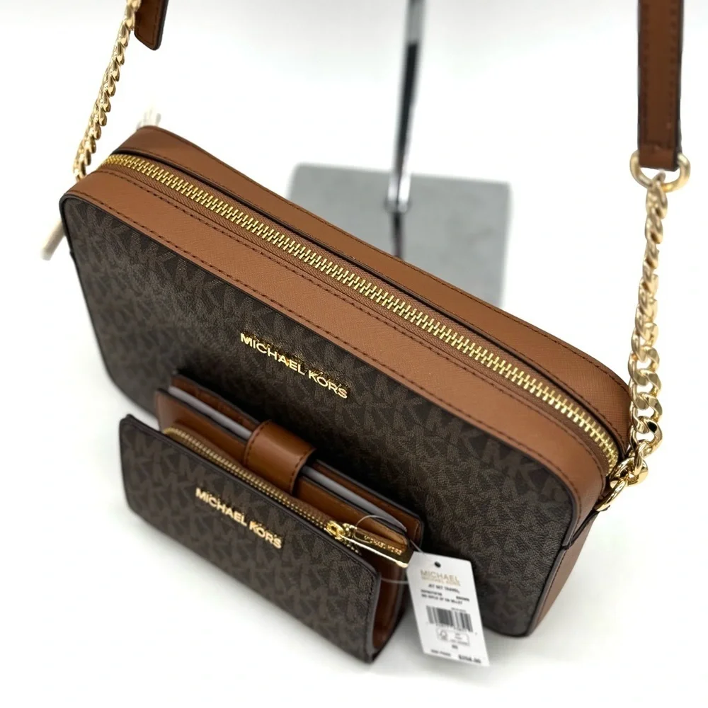 Michael Kors LG EW Crossbody Bag & Zip Chain Bifold Wallet Matching Set Brown